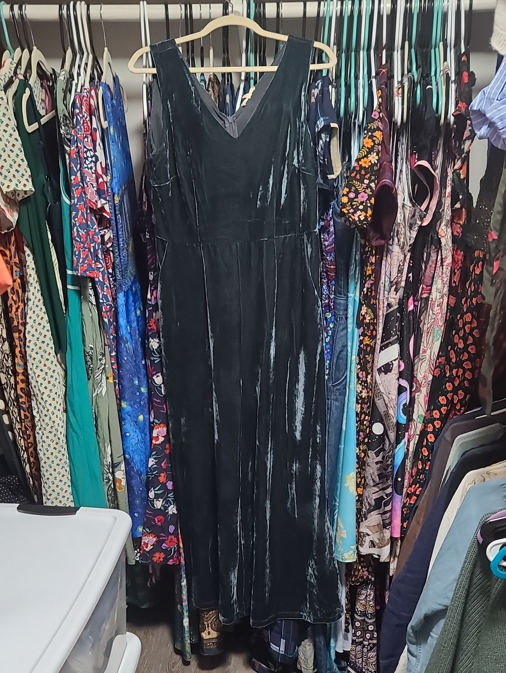 Mystree Blue Velvet V-Neck Cropped Wide Leg Jumpsuit Large Pockets